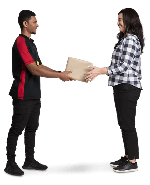 Sub 60 Courier driver handing courier package to a woman.