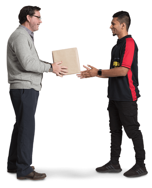 Businessman handing a package to a courier driver for urgent delivery.